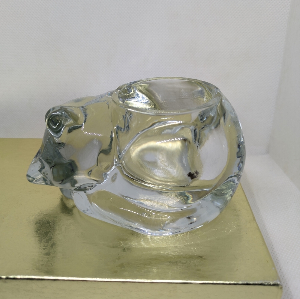 Vintage Indiana Glass Sleeping Cat Votive Candle Holder Clear Heavy Figurine